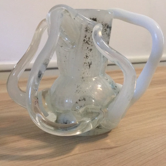 5” tall Handblown vintage one-of-a-kind white milky clear metal fleck heavy vase - Picture 10 of 17